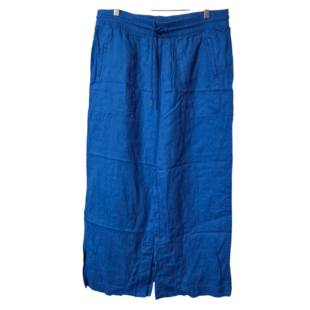 Athleta Womens Blue Wide Leg Linen Pants Drawstring Petite Large L/P 100% Linen
